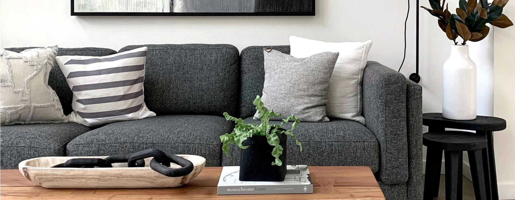 a couch with a coffee table with a plant and decor on it