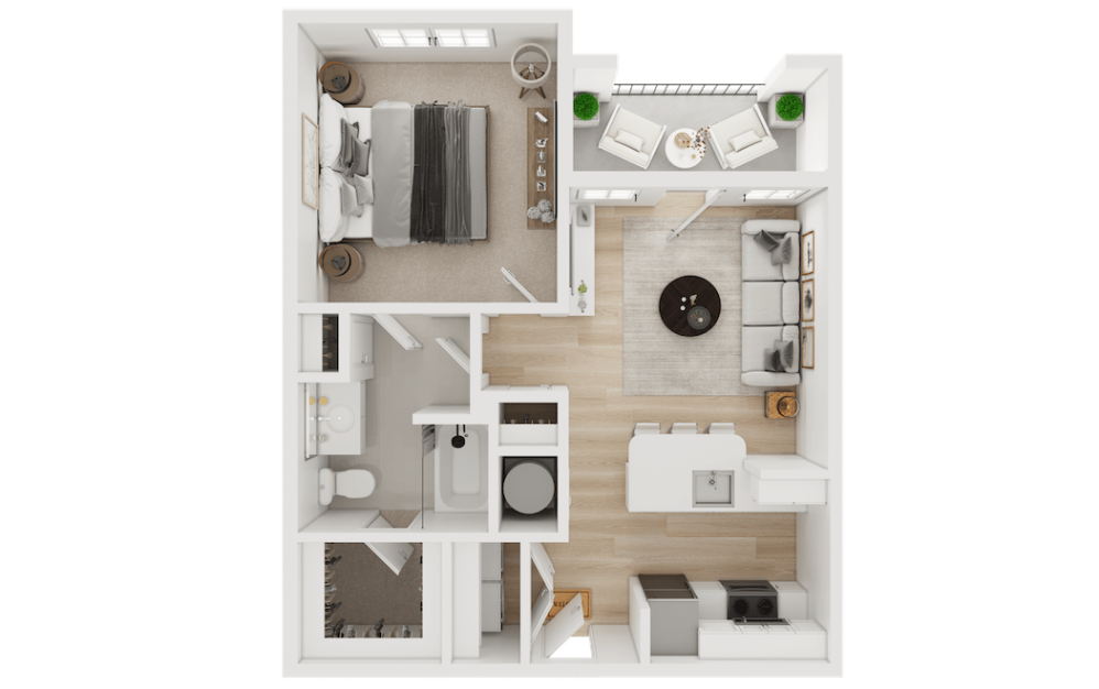 A1 - 1 bedroom floor plan layout with 1 bathroom and 684 square feet
