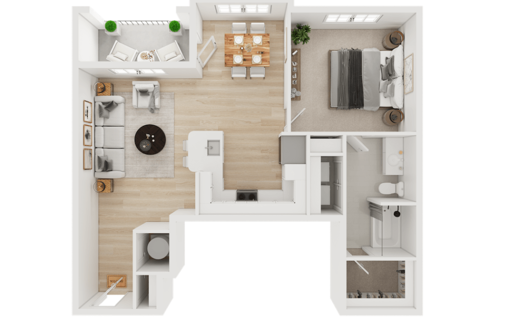 A2E - 1 bedroom floor plan layout with 1 bathroom and 852 square feet