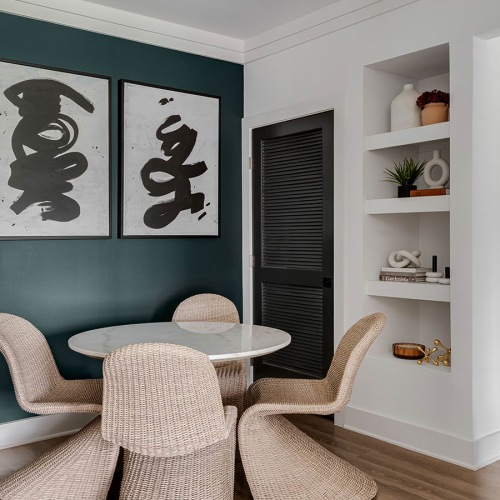 Your new home is waiting dining corner with bookshelves